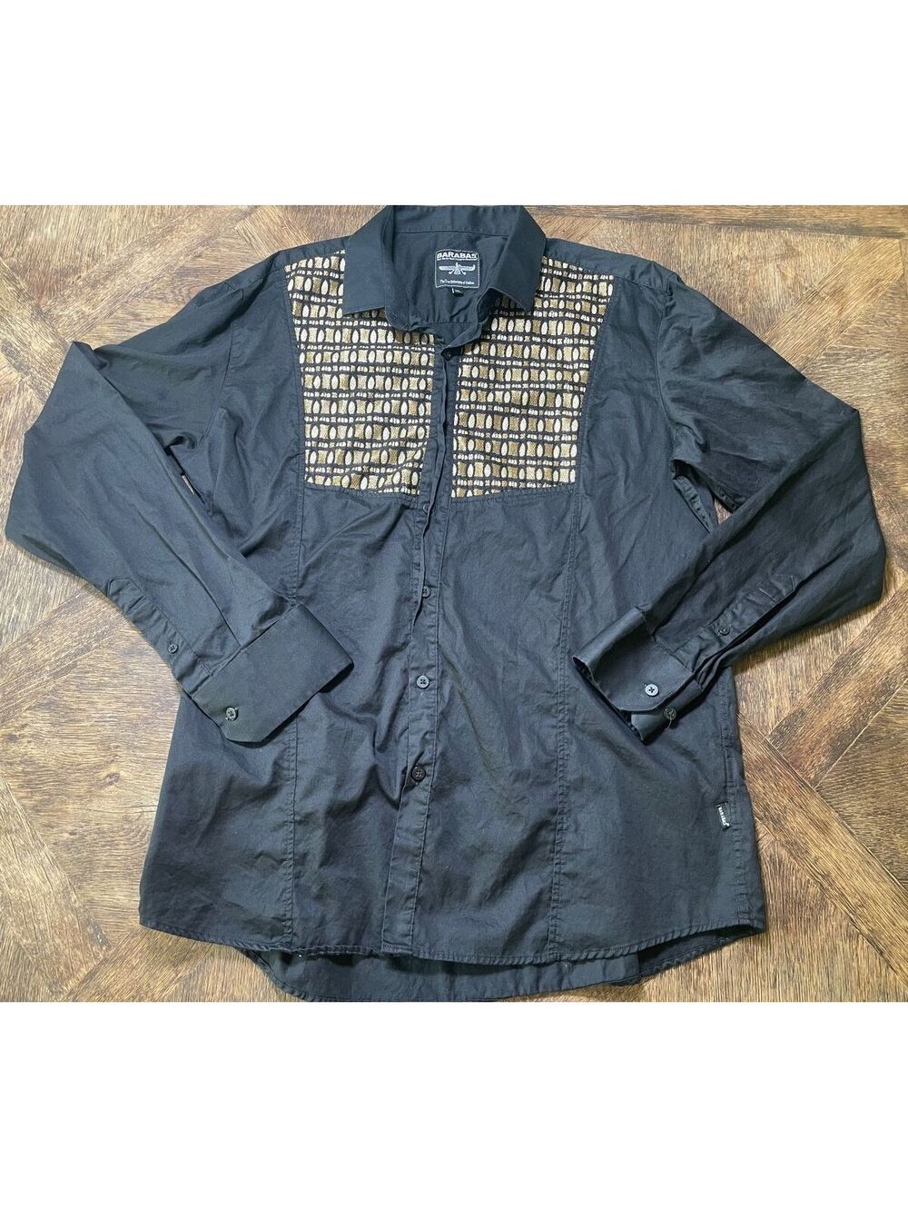 Barabas Black and Gold Embroidered long sleeve button down cotton XL